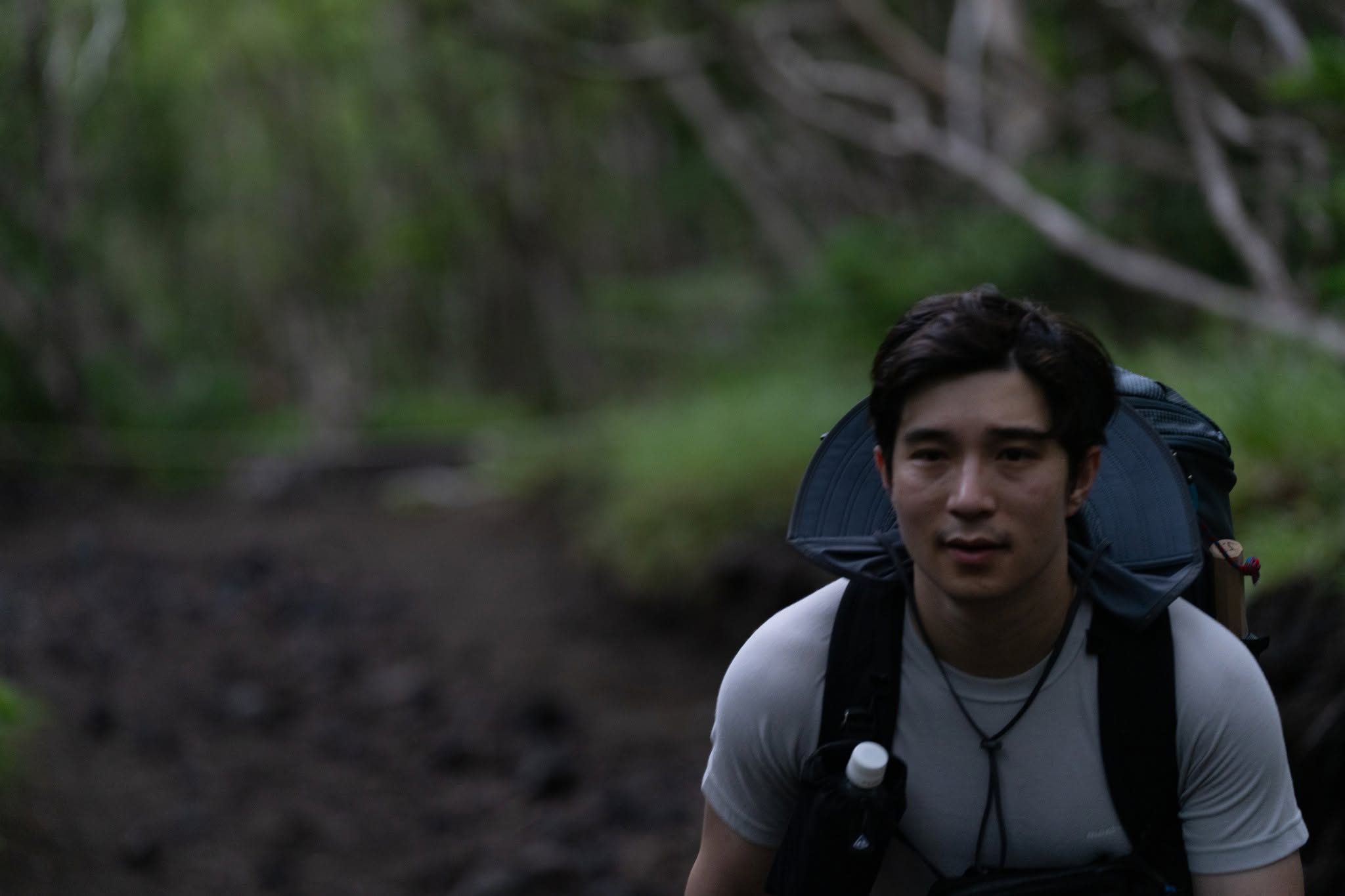 John Tran hiking through a forest